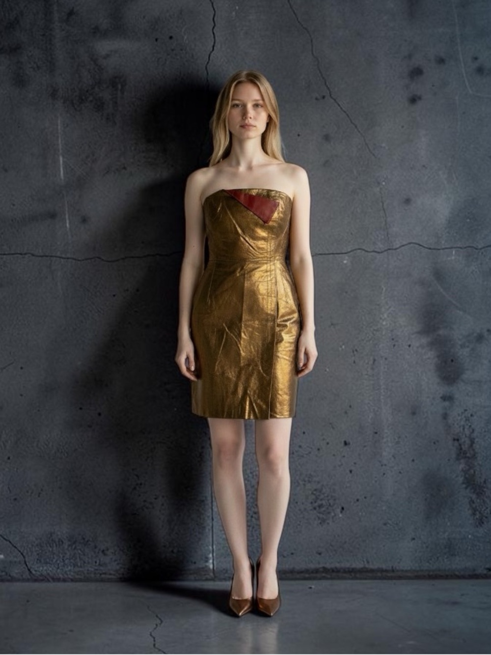 BCBGMaxAzria Rare Vintage Metallic Gold Strapless 100% Leather Dress